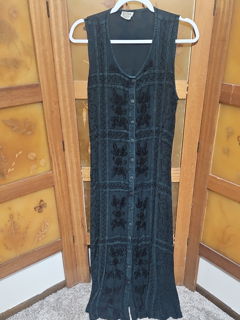 Vintage 90s Magic Monochrome Embroidered Duster Maxi Dress Rayon Free Size India
